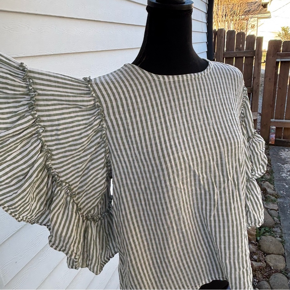Anthropologie Pilcro Sybil Green Seer Sucker Striped Ruffle Sleeve Open Back Top